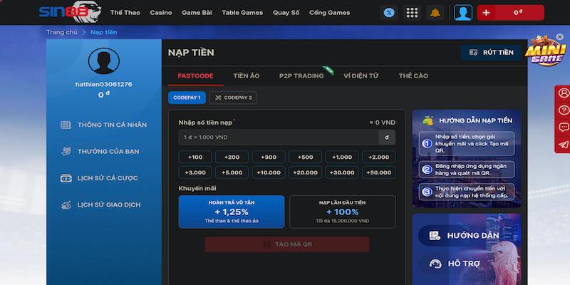 Hướng dẫn nạp tiền tại SIN88 chi tiết nhất